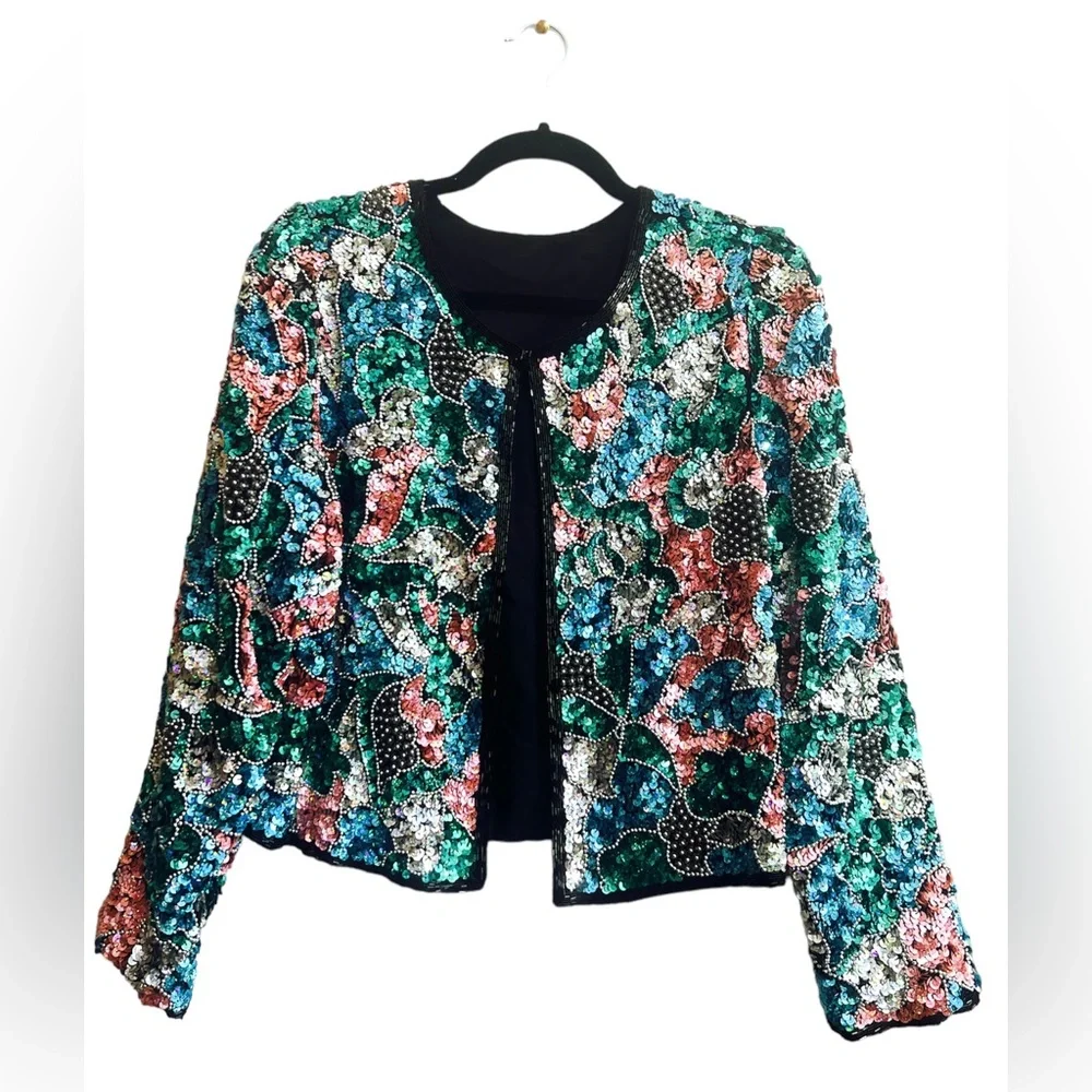 Open Front Sequined Jacket- Multicolor- Handmade - Picture 1 of 6